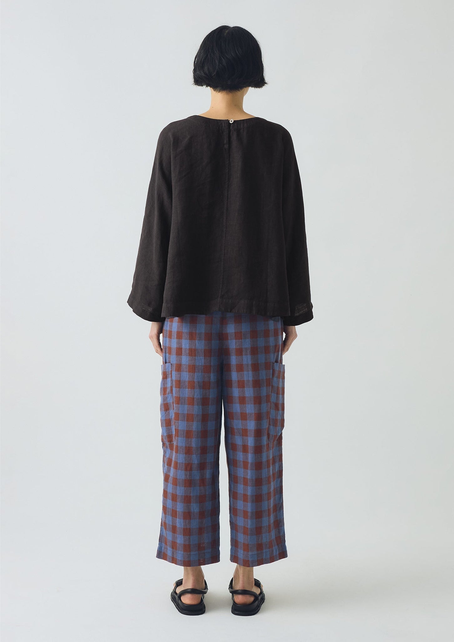Mineral Check Linen Cotton Pants | Brown Ochre/Dark Cornflower