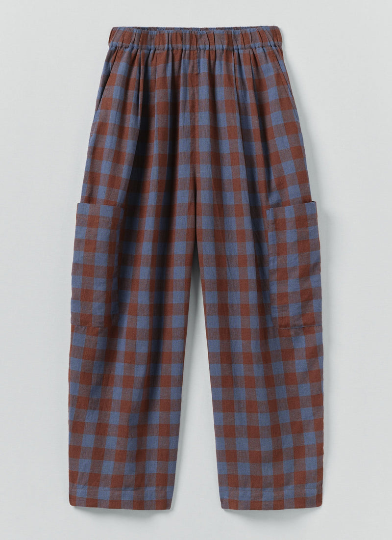 Mineral Check Linen Cotton Pants | Brown Ochre/Dark Cornflower