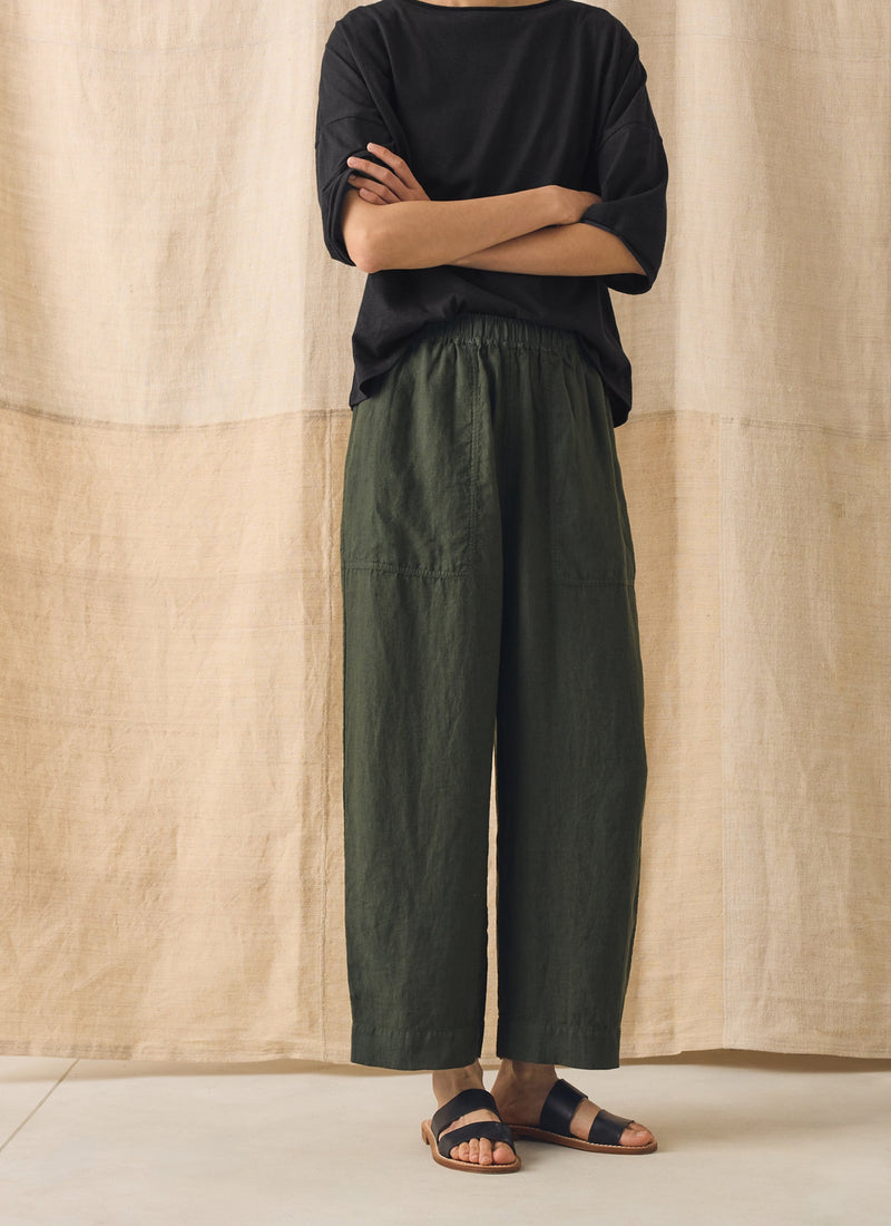 Garment Dyed Linen Barrel Leg Pants | Dark Olive