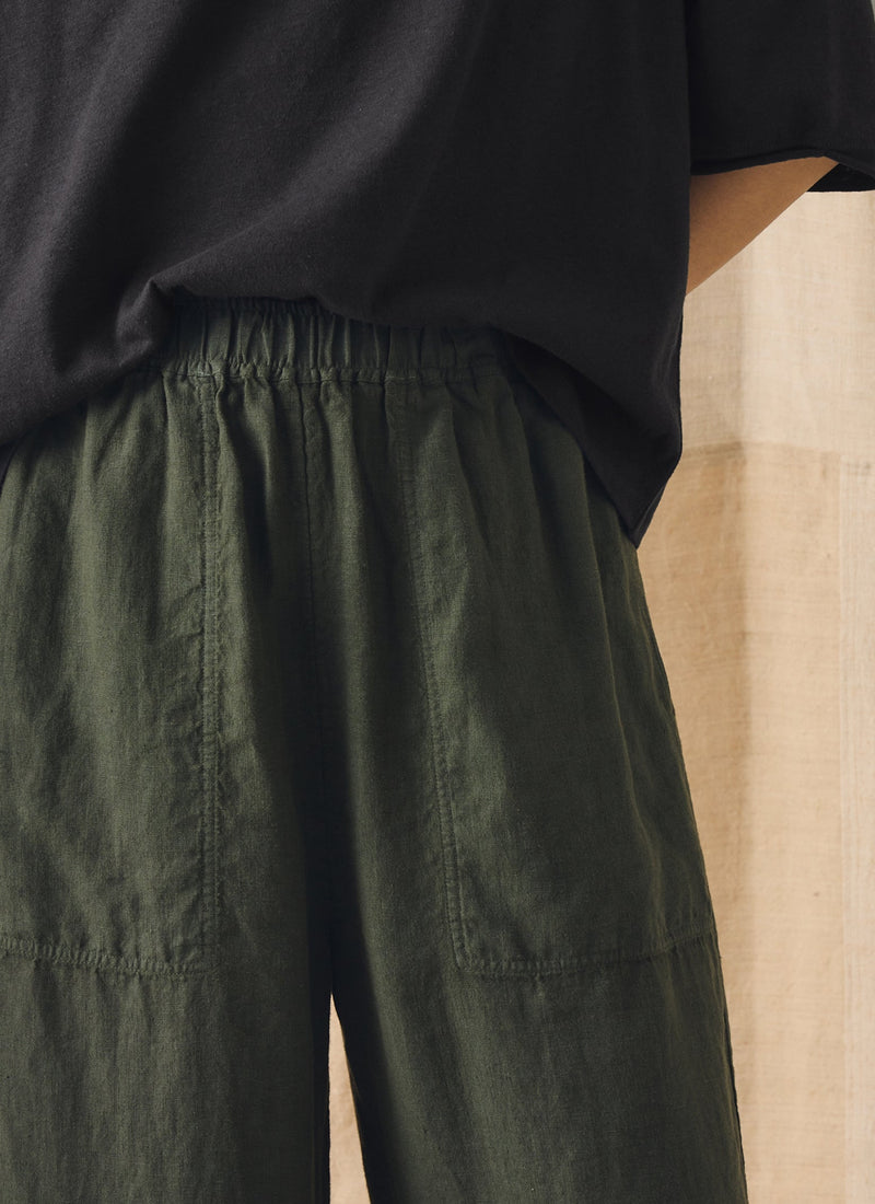 Garment Dyed Linen Barrel Leg Pants | Dark Olive