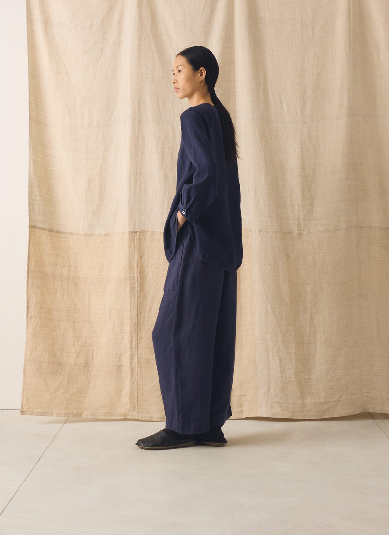 Garment Dyed Linen Barrel Leg Pants | Blueberry