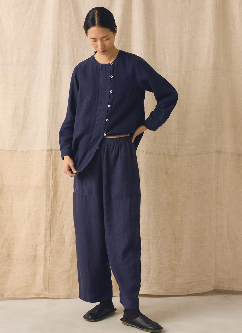 Garment Dyed Linen Barrel Leg Pants | Blueberry
