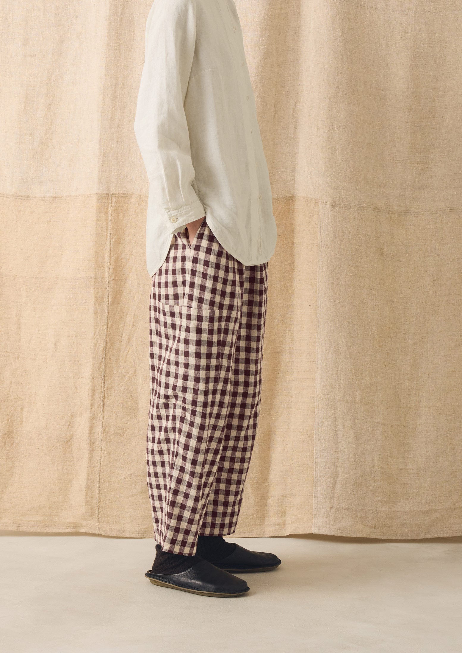 Gingham Linen Cotton Patch Pocket Pants | Dark Chocolate/Ecru | TOAST
