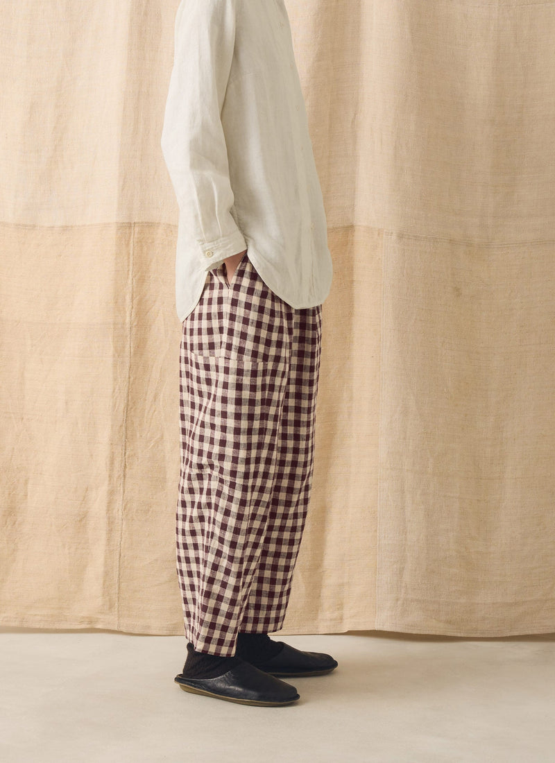 Gingham Linen Cotton Patch Pocket Pants | Dark Chocolate/Ecru