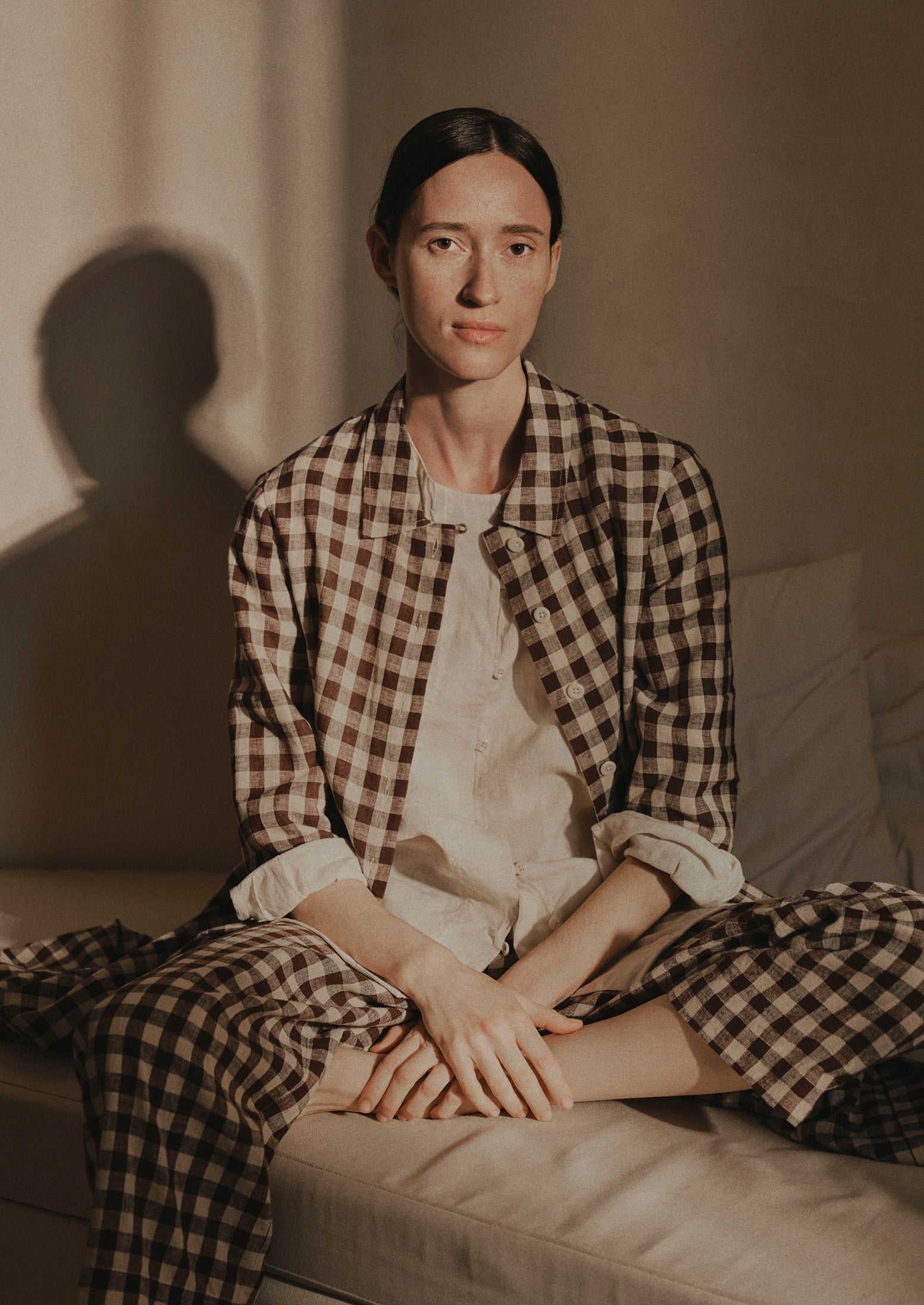 Gingham Linen Cotton Patch Pocket Pants | Dark Chocolate/Ecru | TOAST