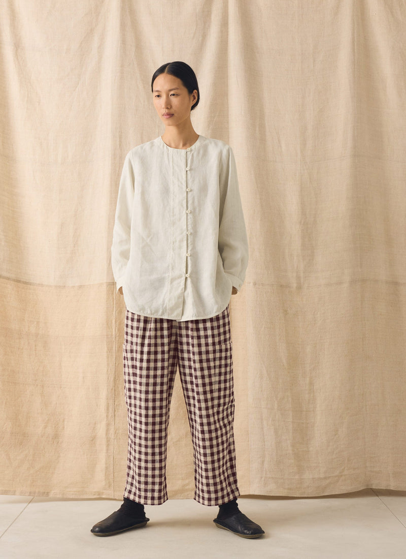 Gingham Linen Cotton Patch Pocket Pants | Dark Chocolate/Ecru