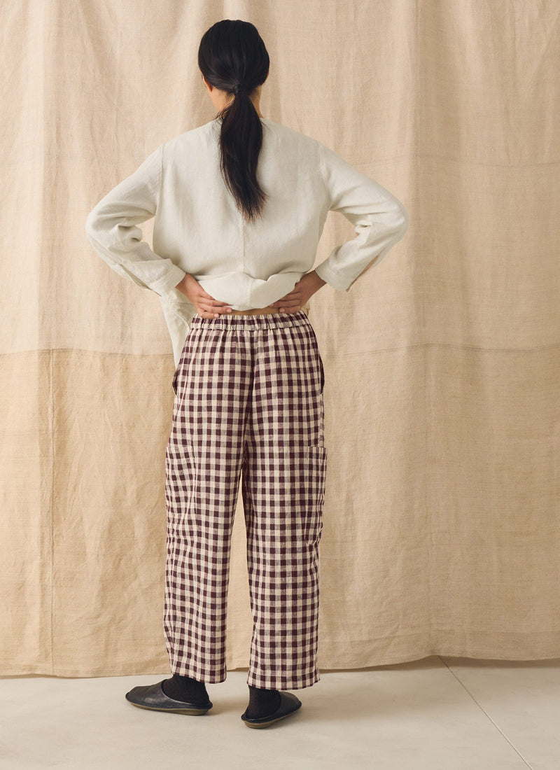 Gingham Linen Cotton Patch Pocket Pants | Dark Chocolate/Ecru