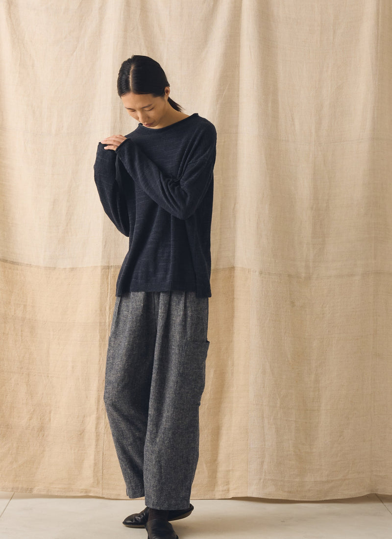 Linen Cotton Patch Pocket Pants | Navy/Ecru