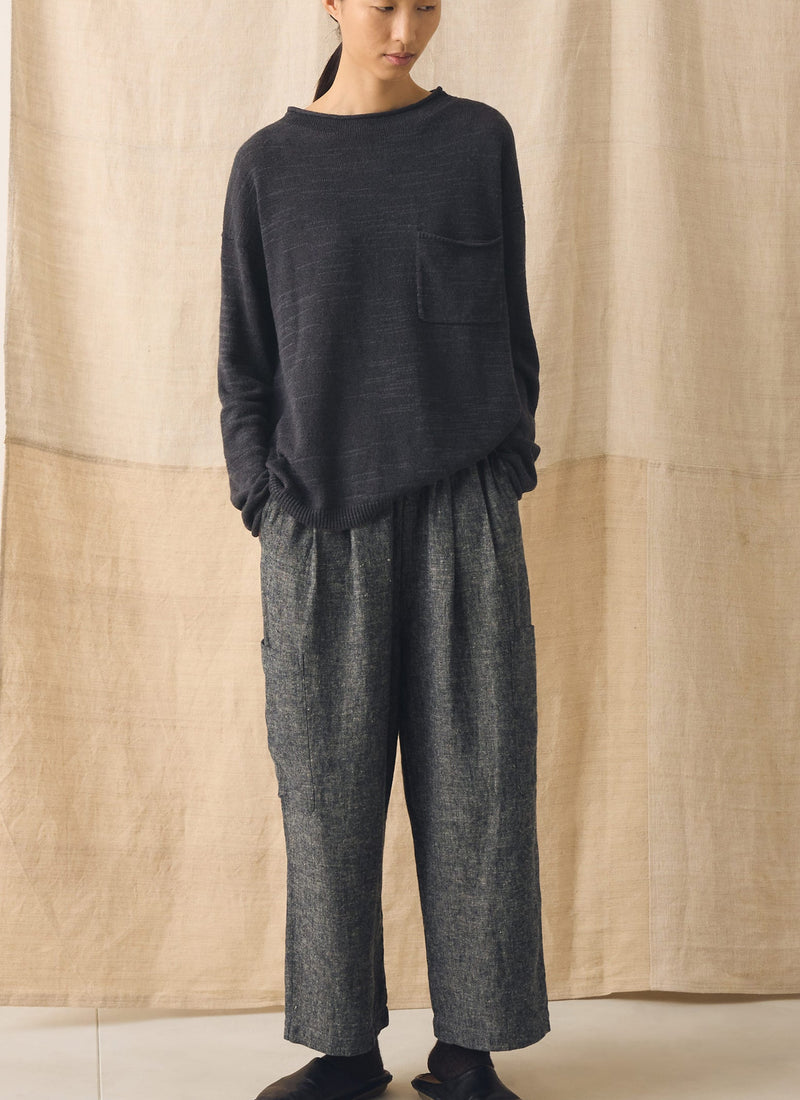 Linen Cotton Patch Pocket Pants | Navy/Ecru