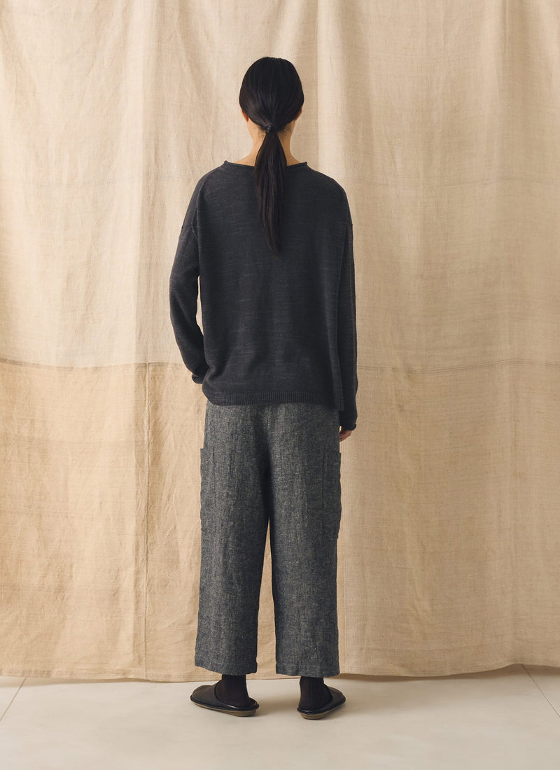 Linen Cotton Patch Pocket Pants | Navy/Ecru