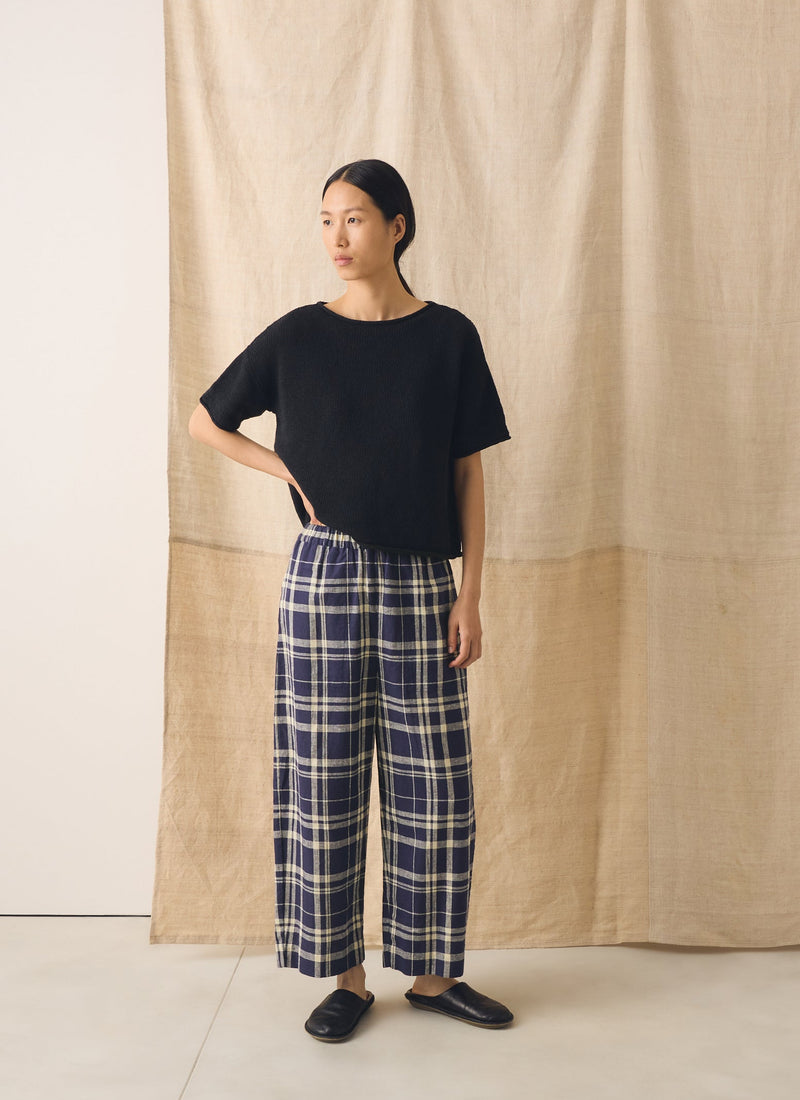 Barrel Leg Check Linen Cotton Pants| Blue/Soya