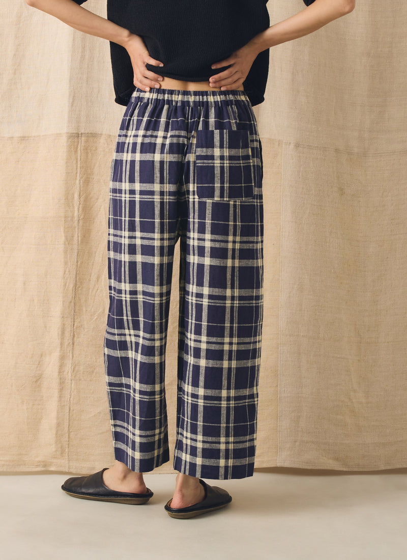 Barrel Leg Check Linen Cotton Pants| Blue/Soya