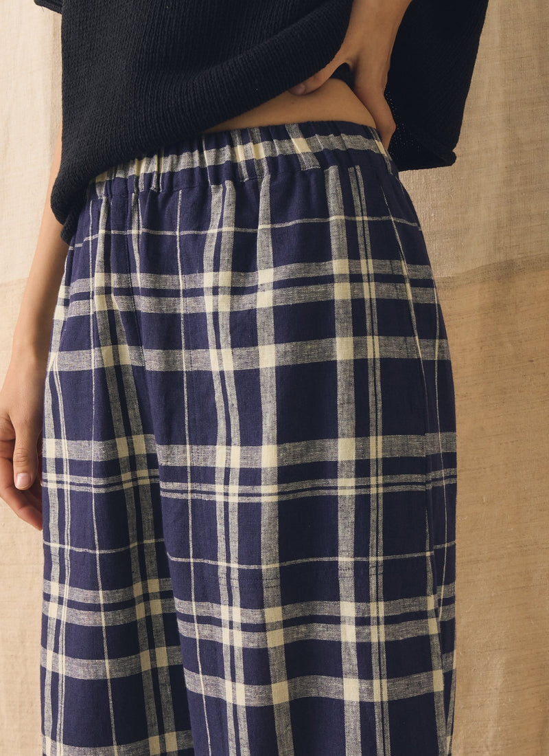Barrel Leg Check Linen Cotton Pants| Blue/Soya