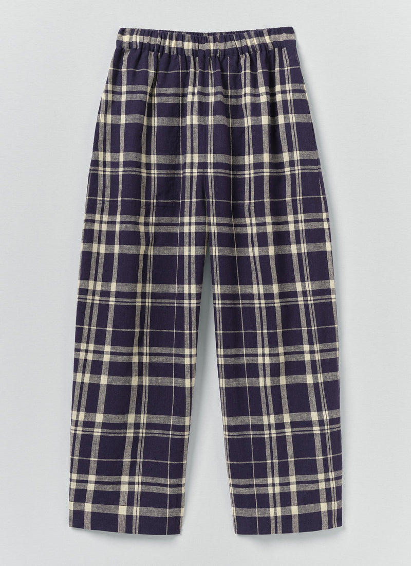Barrel Leg Check Linen Cotton Pants| Blue/Soya