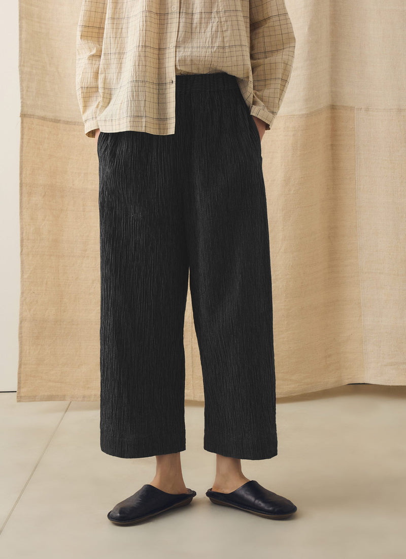 Fine Stripe Crinkle Cotton Barrel Leg Pants | Earth/Ecru
