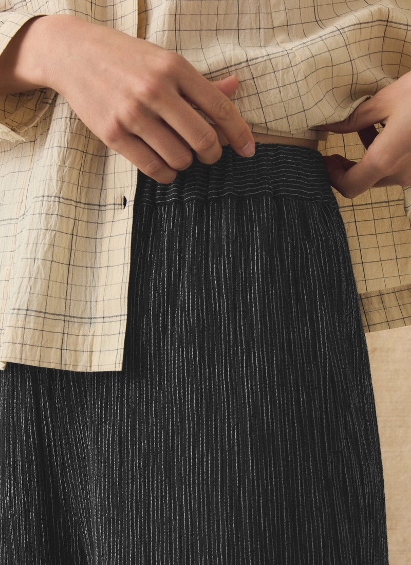 Fine Stripe Crinkle Cotton Barrel Leg Pants | Earth/Ecru
