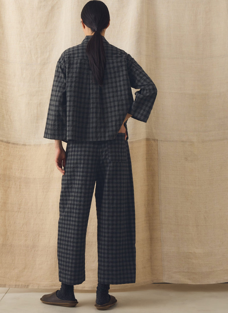 Check Cotton Wool Barrel Leg Pants | Dark Charcoal/Black