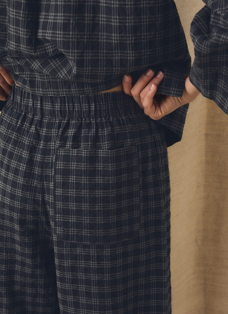 Check Cotton Wool Barrel Leg Pants | Dark Charcoal/Black