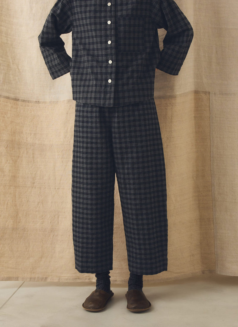 Check Cotton Wool Barrel Leg Pants | Dark Charcoal/Black