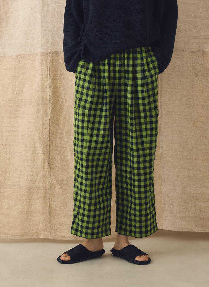 Gingham Linen Cotton Patch Pocket Pants | Beetle Green