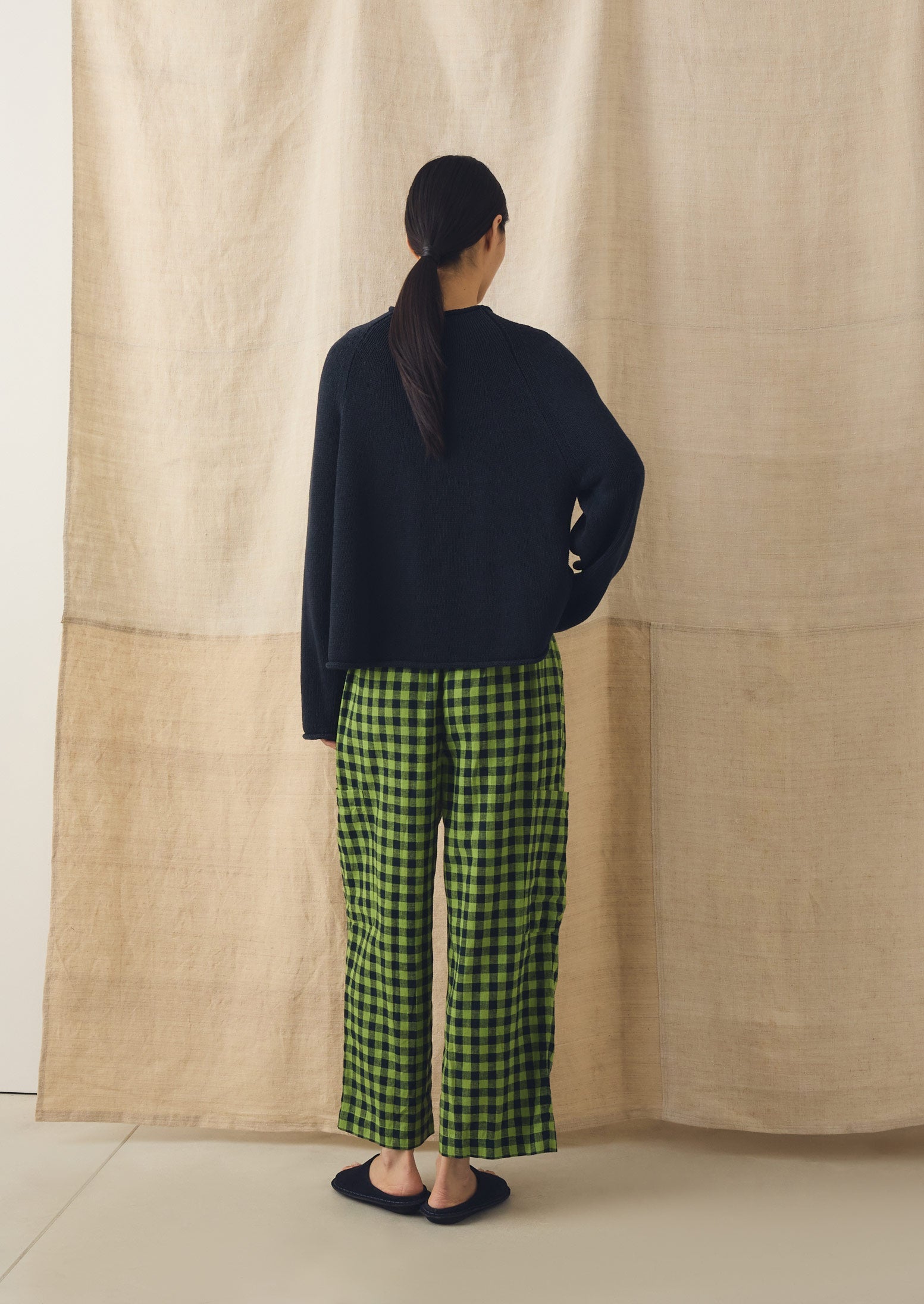 Gingham Linen Cotton Patch Pocket Pants | Beetle Green | TOAST