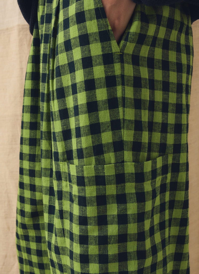 Gingham Linen Cotton Patch Pocket Pants | Beetle Green