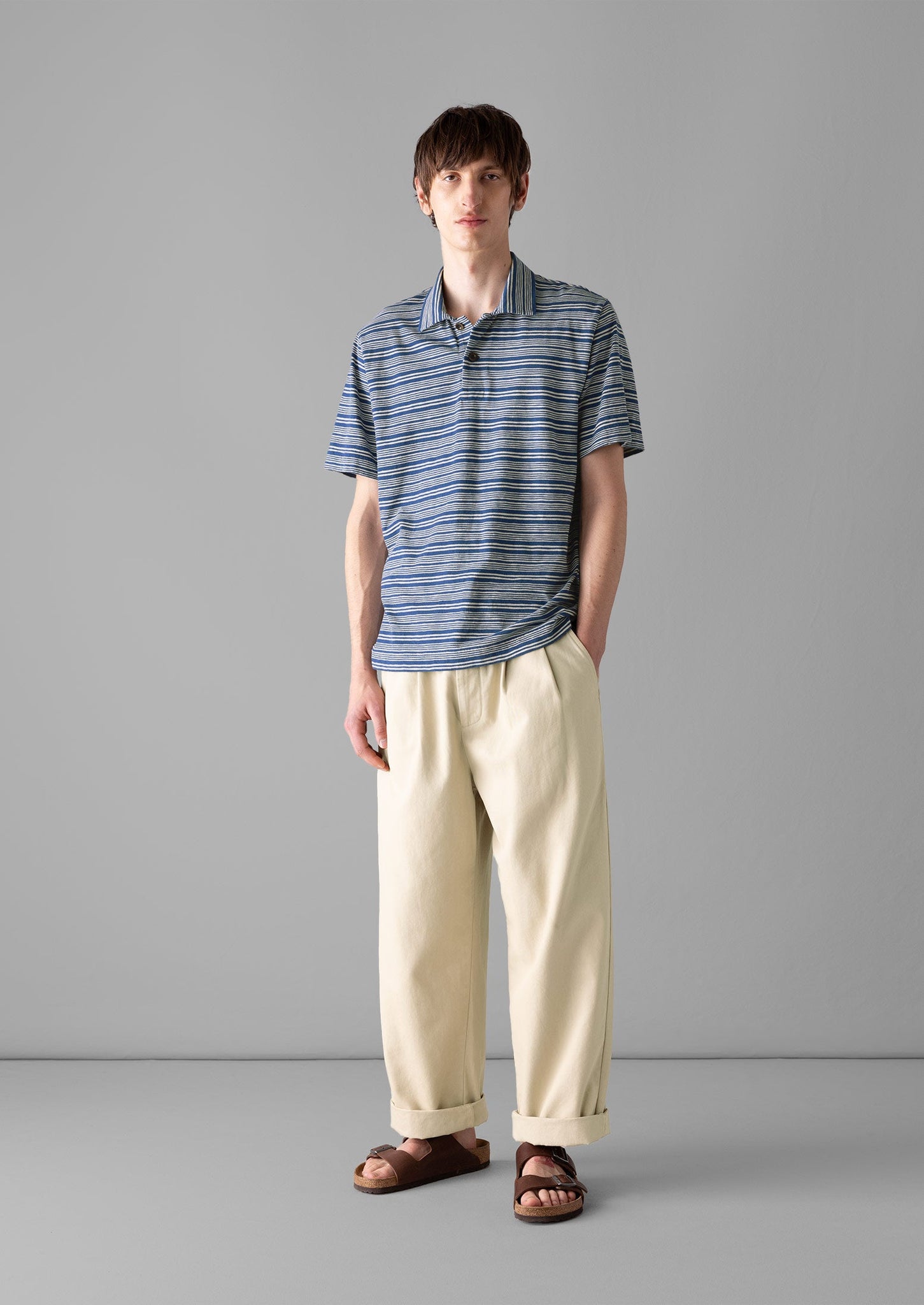 Stripe Organic Cotton Jersey Polo Shirt | Thistle/Putty