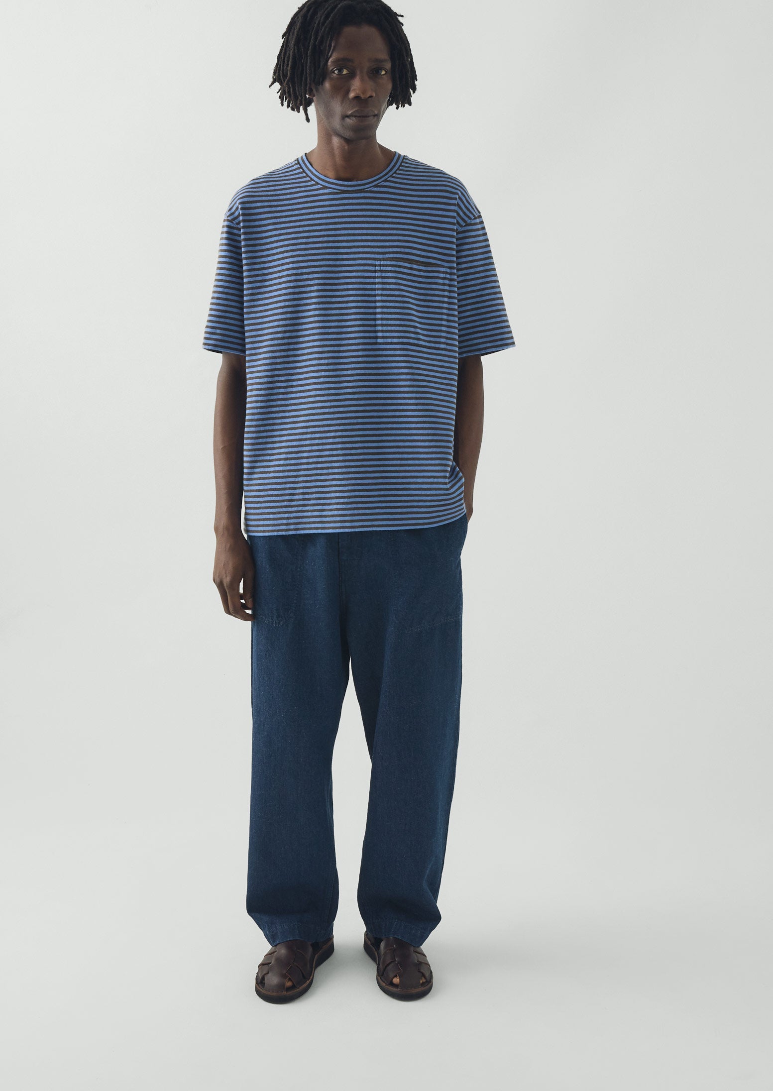 PHO Tee - ブルー Bold Stripe Cotton Short Sleeve Tee | Azure Blue/Tawny Brown | TOAST