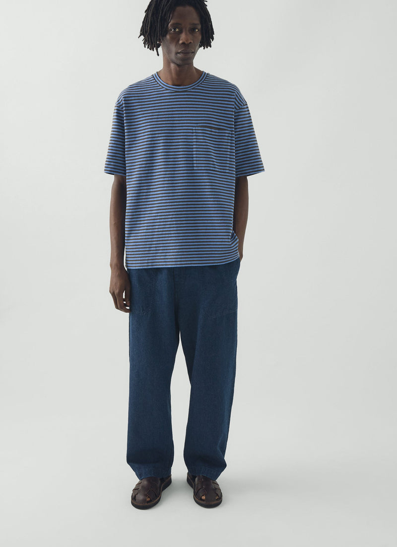 Bold Stripe Cotton Short Sleeve Tee | Azure Blue/Tawny Brown