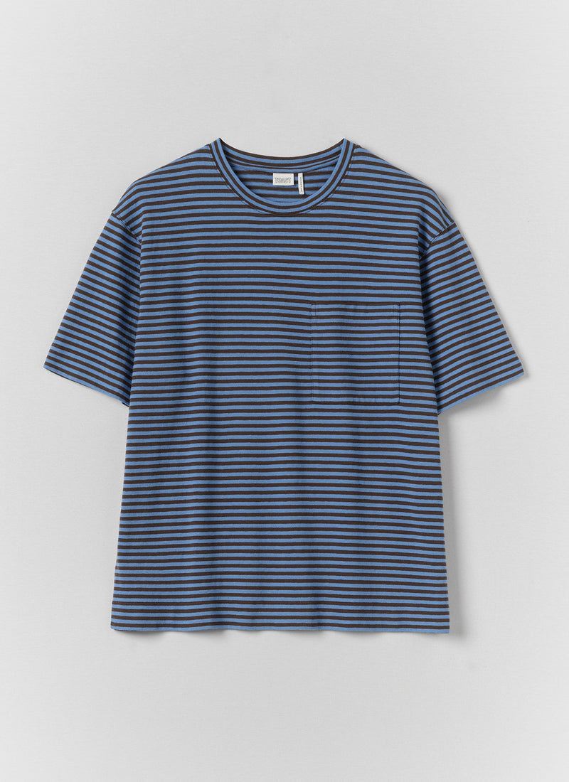 Bold Stripe Cotton Short Sleeve Tee | Azure Blue/Tawny Brown