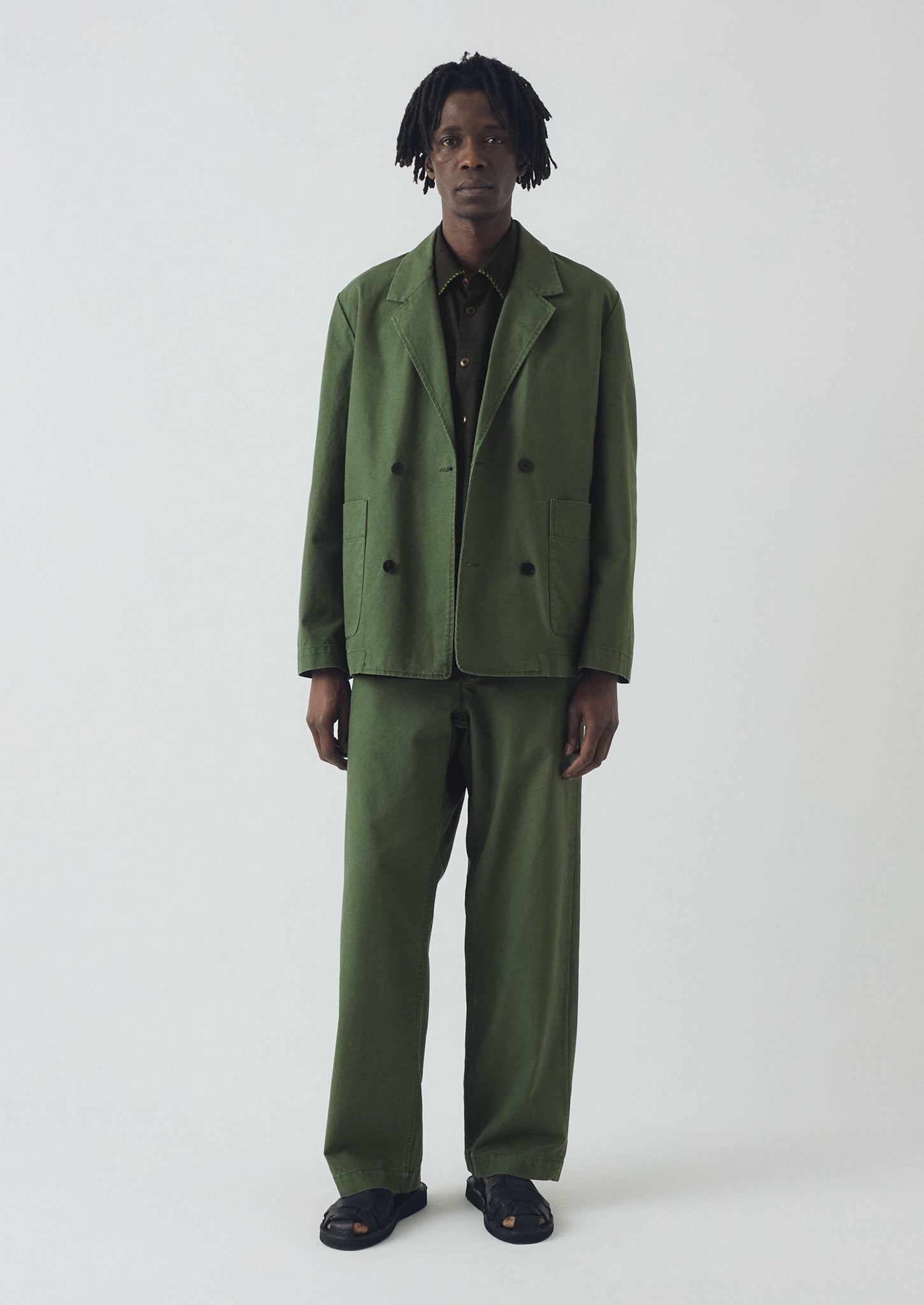 Cotton Canvas Breasted Jacket | Balsam Green