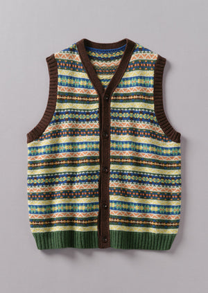 Buttoned Fair Isle Knitted Tank | Green/Multi