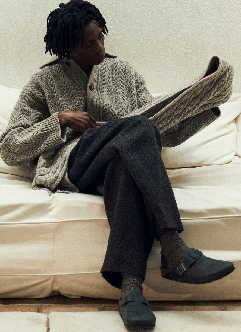 Collared Aran Wool Cardigan | Stone