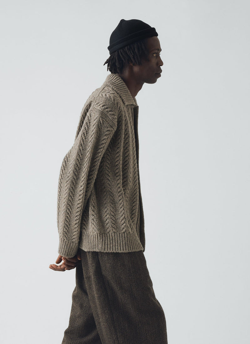 Collared Aran Wool Cardigan | Stone