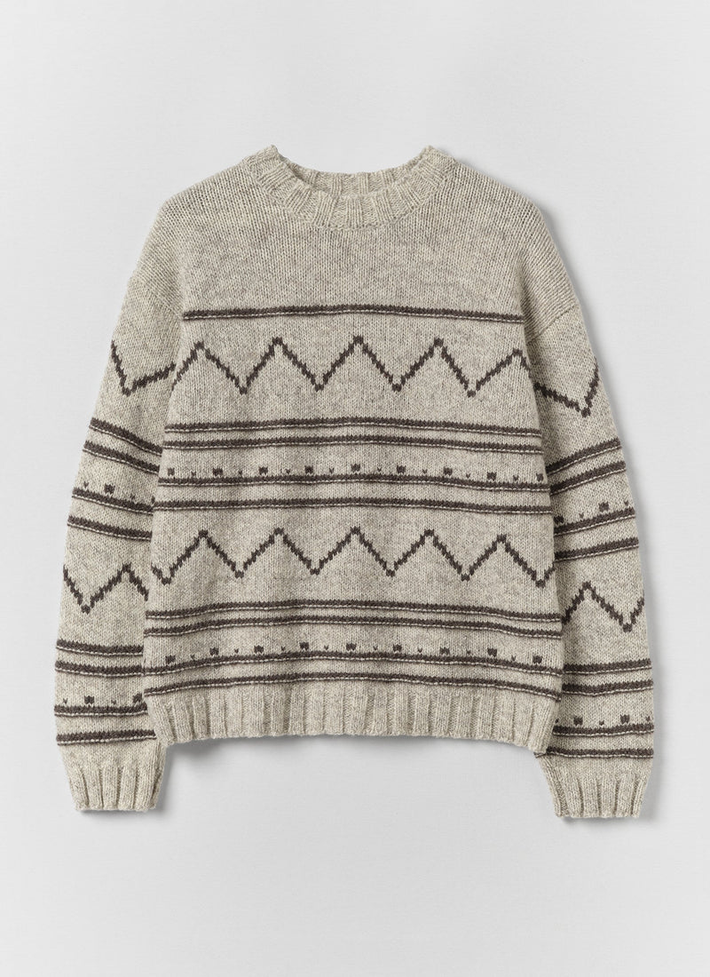 Zig Zag Stripe British Wool Sweater | Ecru/Grey