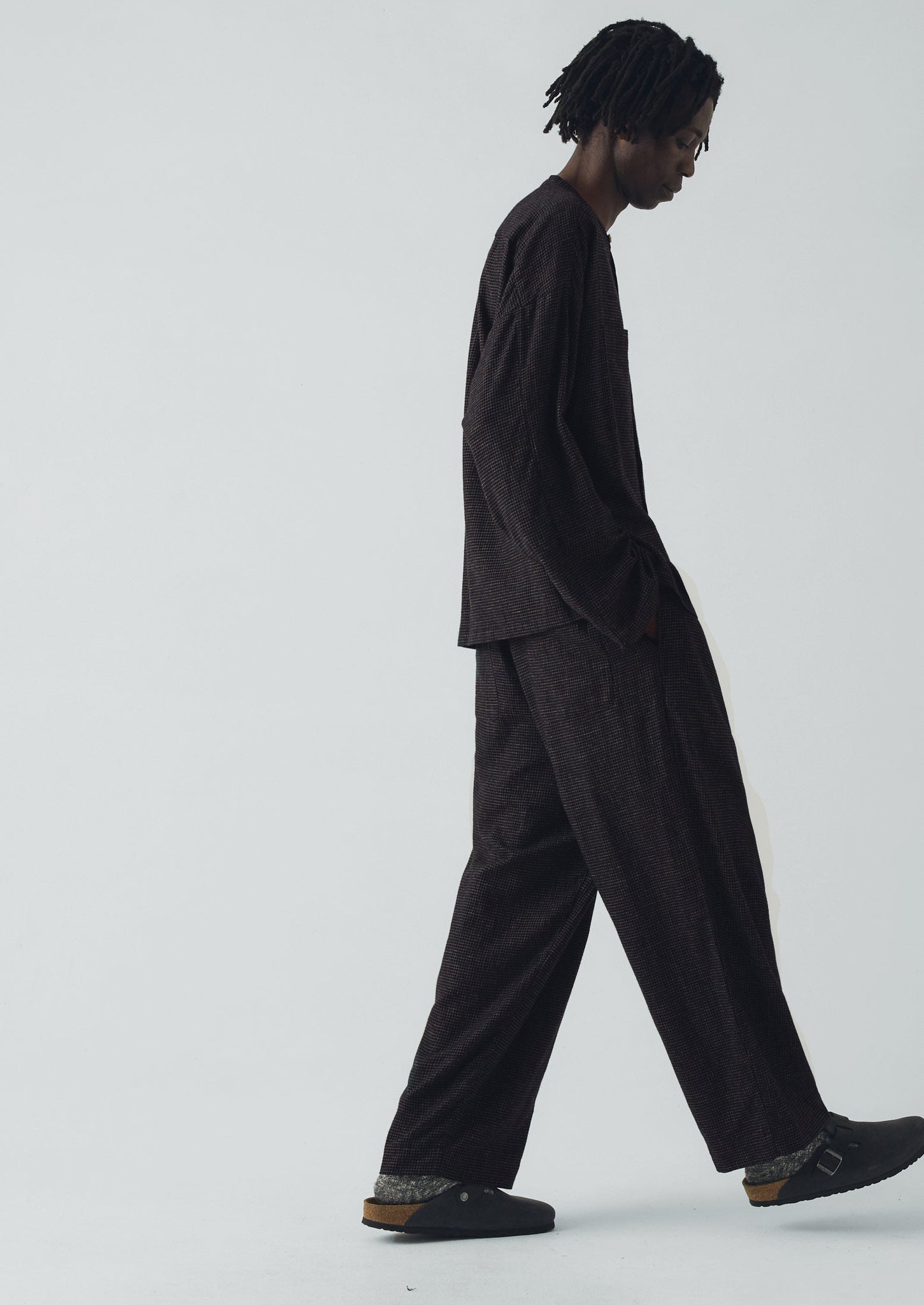 Cotton Cashmere Check Pleated Pants | Black/Ecru