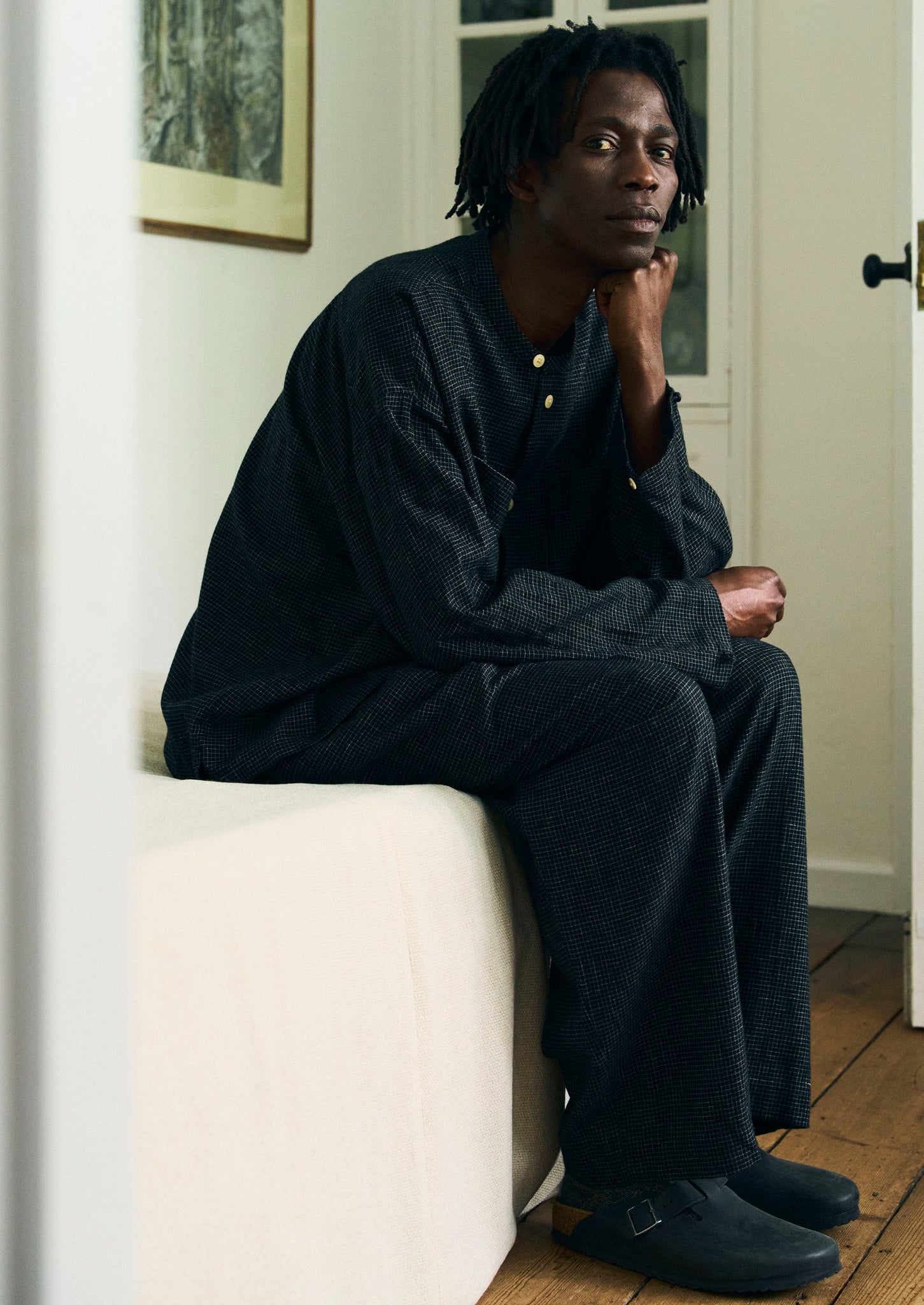 Cotton Cashmere Check Pleated Pants | Black/Ecru