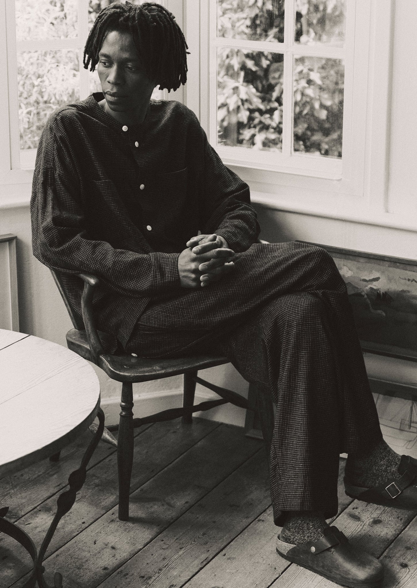 Cotton Cashmere Check Pleated Pants | Black/Ecru