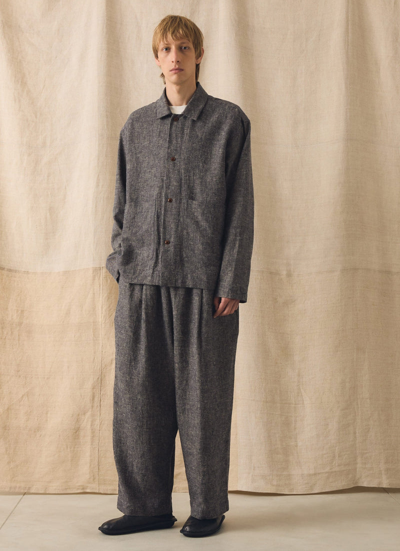 Pleated Linen Cotton Twill Pants | Navy/Ecru