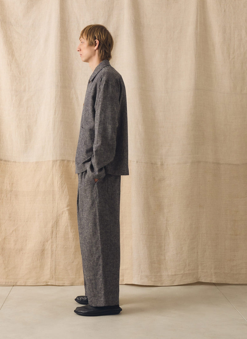 Pleated Linen Cotton Twill Pants | Navy/Ecru