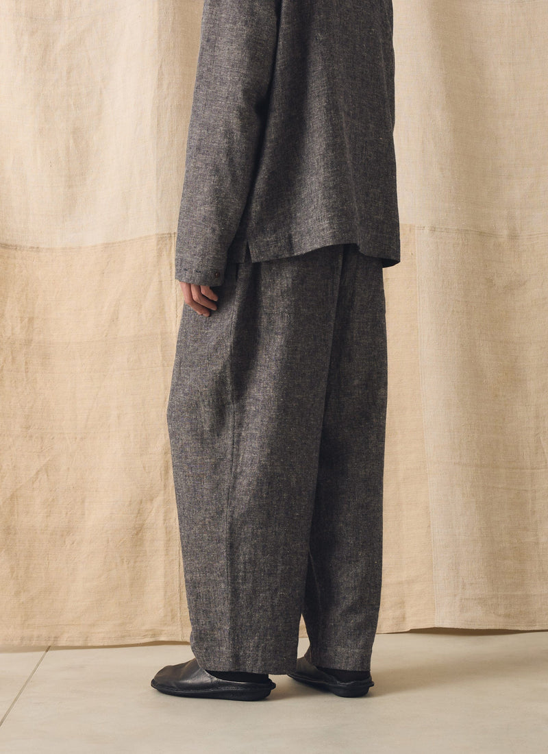 Pleated Linen Cotton Twill Pants | Navy/Ecru