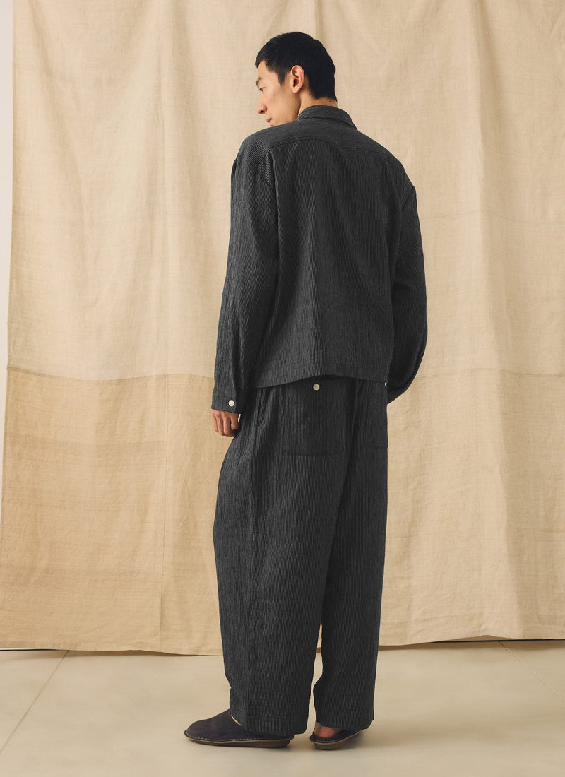 Fine Stripe Crinkle Cotton Pleated Pants | Earth/Ecru