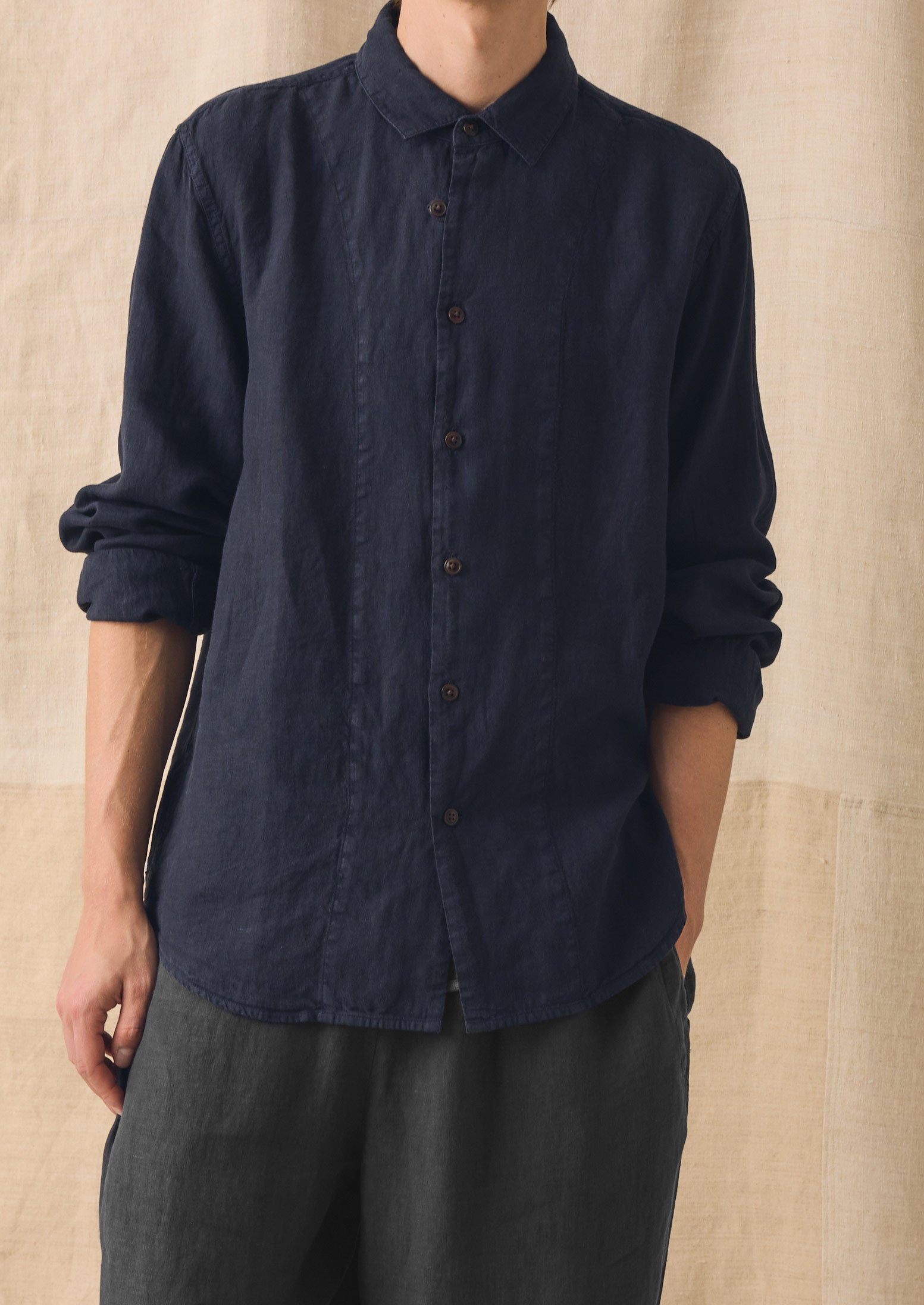 ジャケット・アウター notconventional / loop button long shirt Loop Button Linen Shirt | Slate | TOAST
