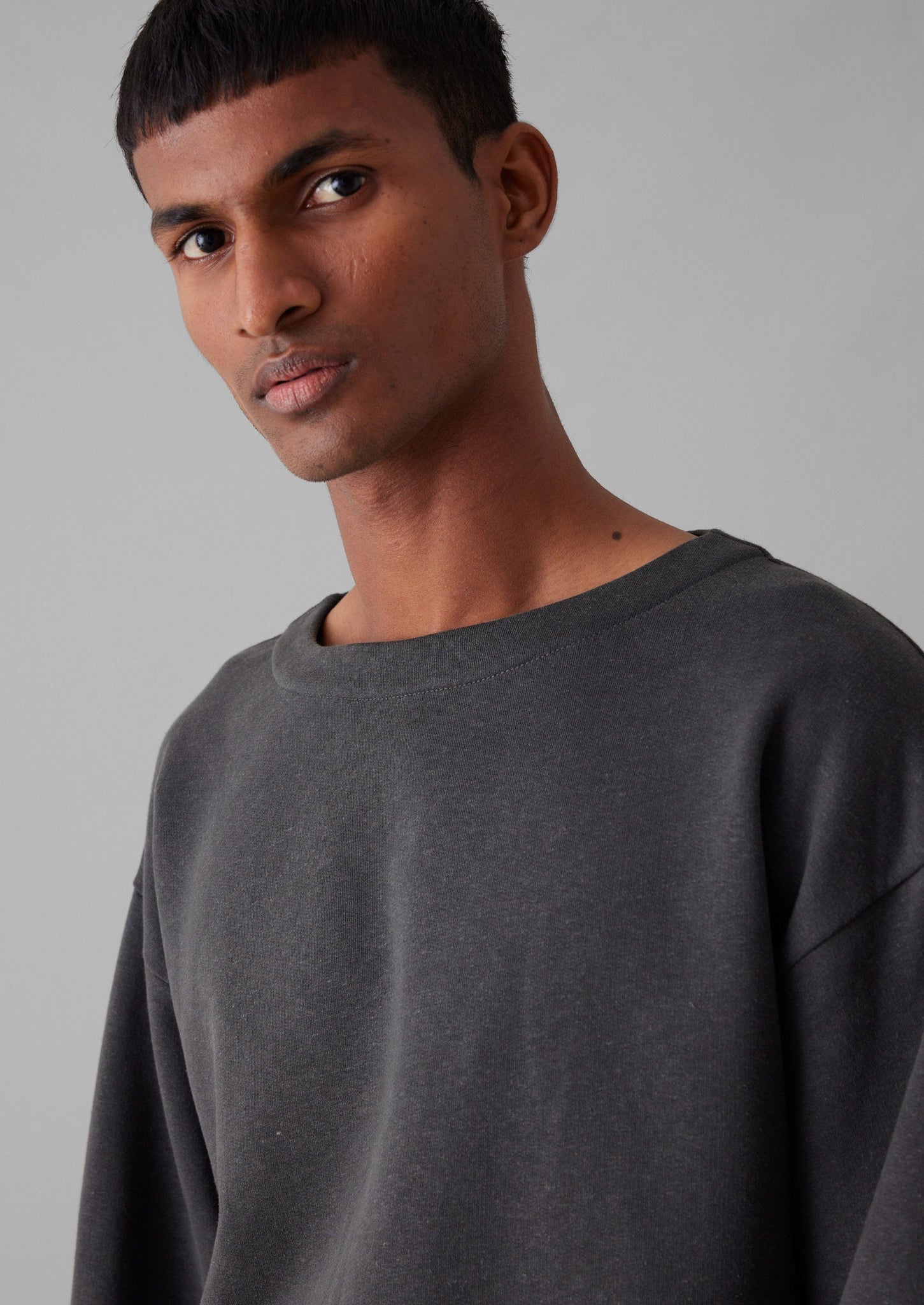 Brushed Cotton Hemp Wide Neck Sweater | Charcoal