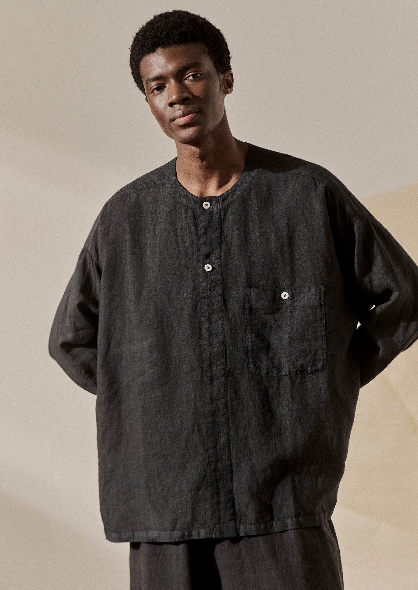 Garment Dyed Linen Collarless Shirt | Black Pepper | TOAST