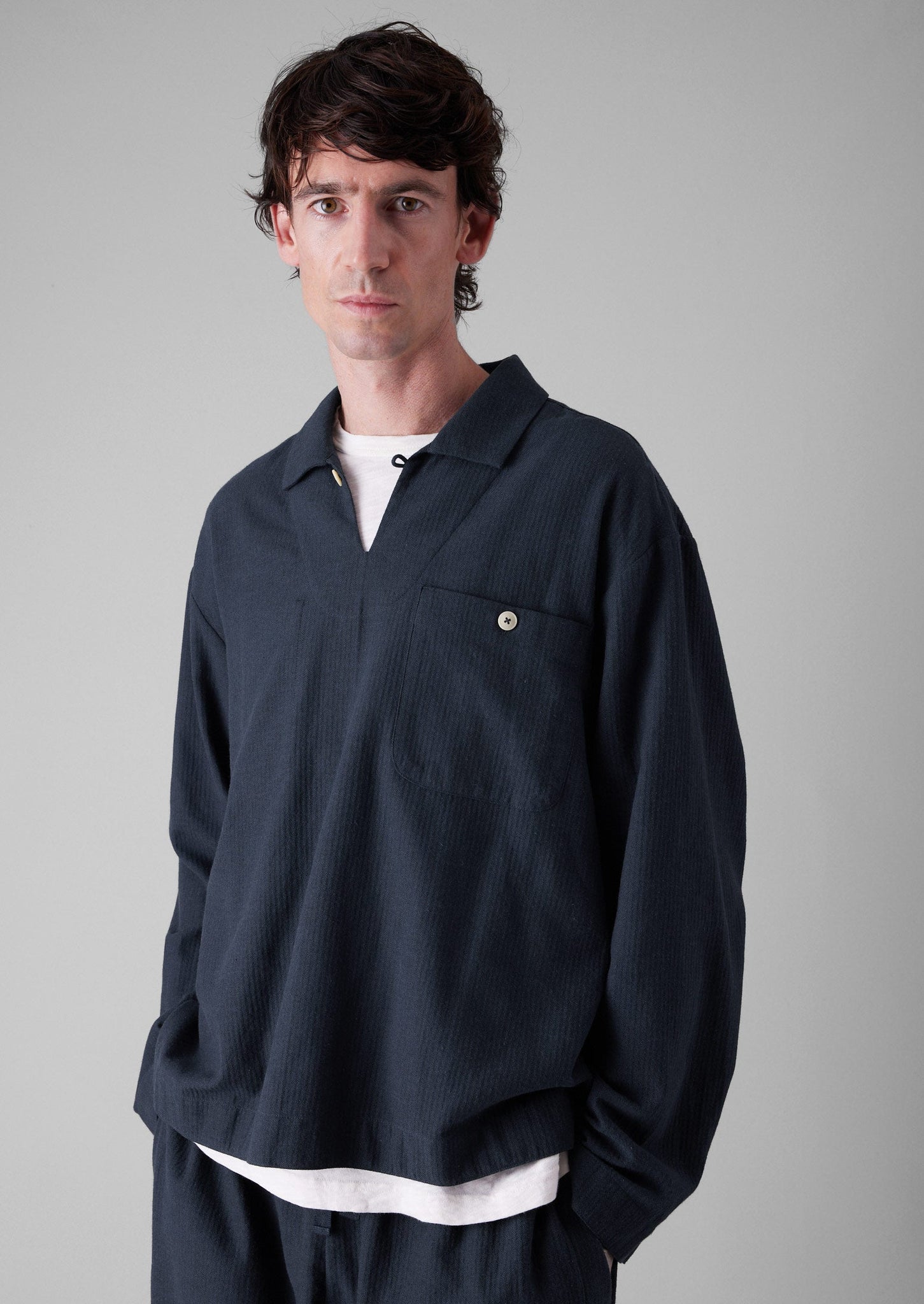 Brushed Cotton Herringbone Smock | Blue Slate