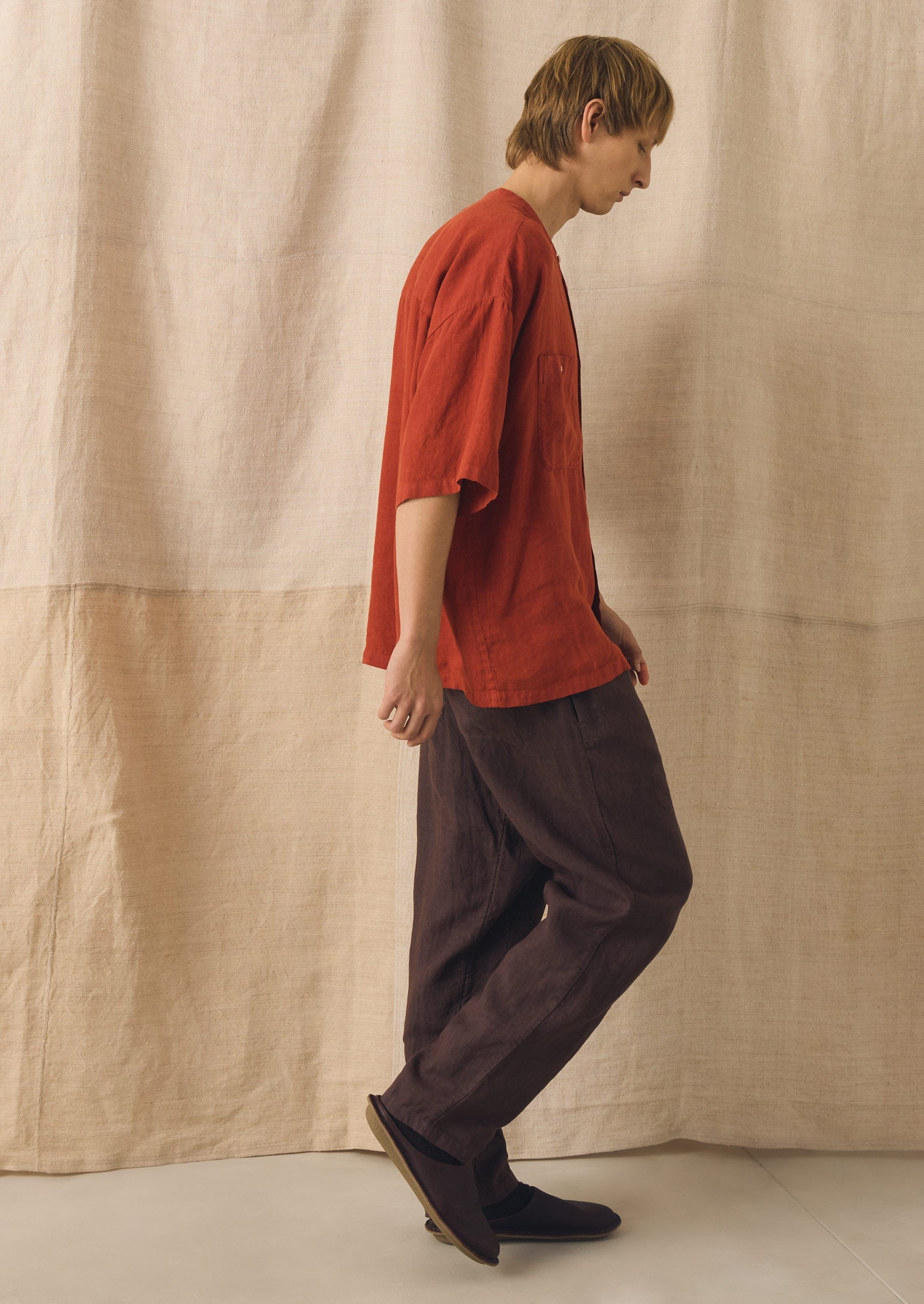 Garment Dyed Linen Grandad Collar Shirt | Sun-dried Tomato | TOAST
