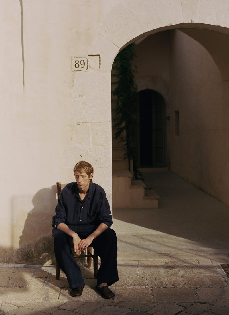 Camp Collar Garment Dyed Linen Shirt | Blueberry
