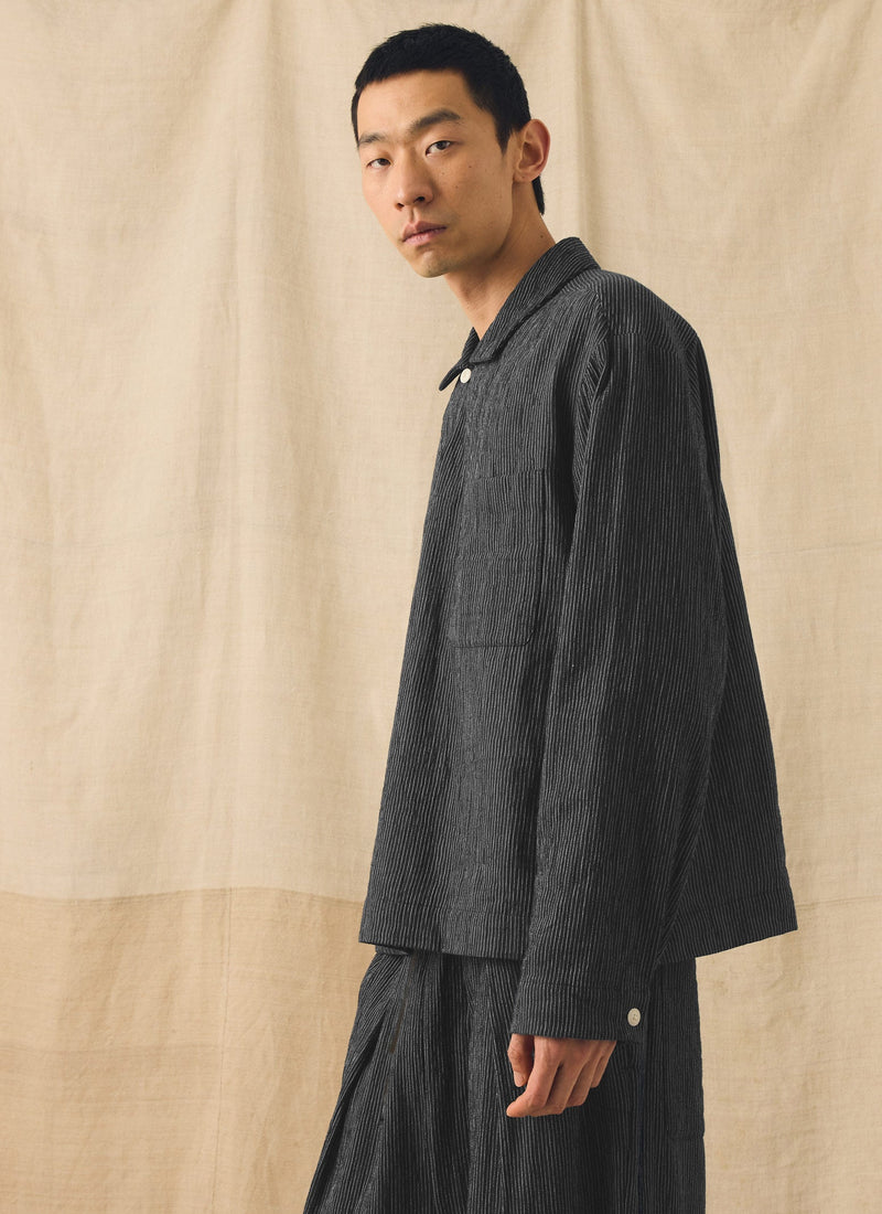 Fine Stripe Crinkle Cotton Smock Top | Earth/Ecru