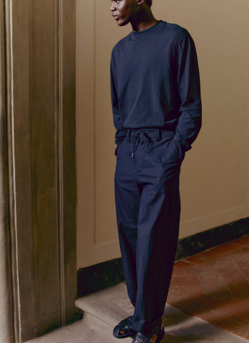 Cotton Wool Herringbone Wide Leg Pants | Black